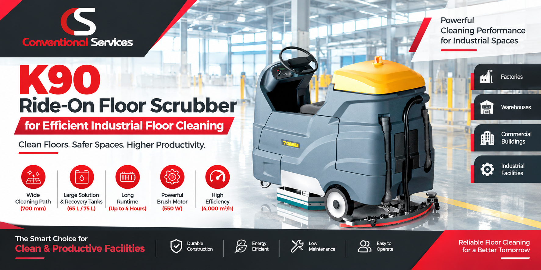 K90 Ride On Floor Scrubber For Efficient Industrial Floor Cleaning